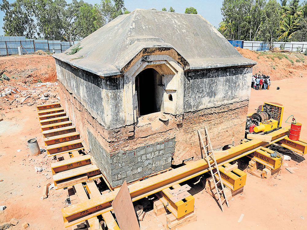 Engineering feat: Tipu Sultan's 228-yr- old armoury in&#8200;Srirangapatna is being moved about 100 m to make way for a railway track. The project crossed a critical phase  on Thursday.