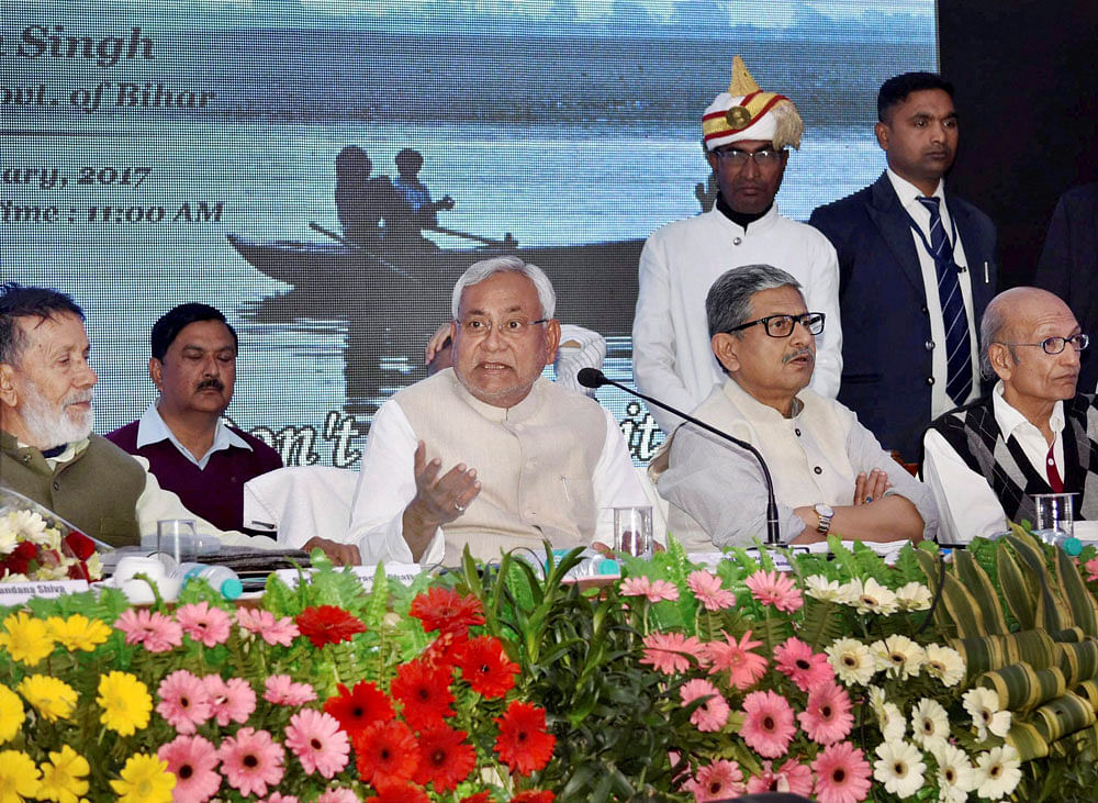 Bihar Chief Minister Nitish Kumar addressing during two-day international conference on 'Incessant Ganga' in Patna on Saturday. PTI Photo