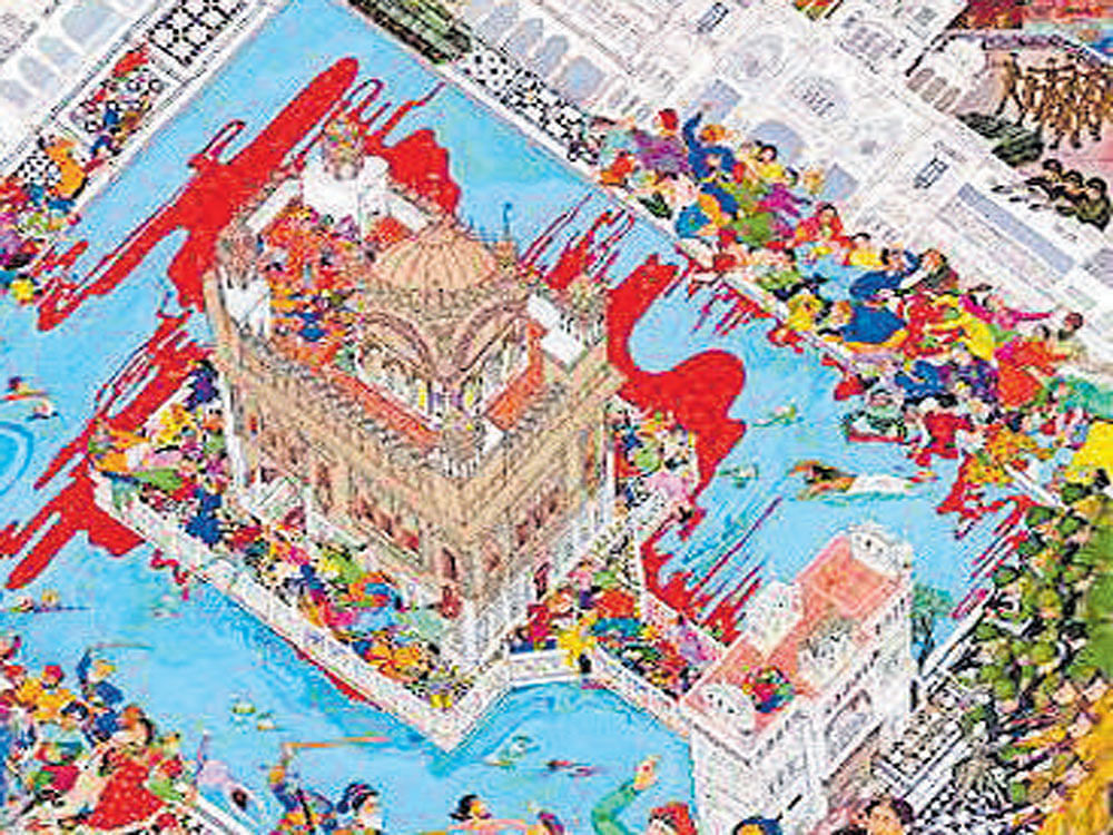 Miniature  shows the attack on Golden Temple in Amritsar in 1984.