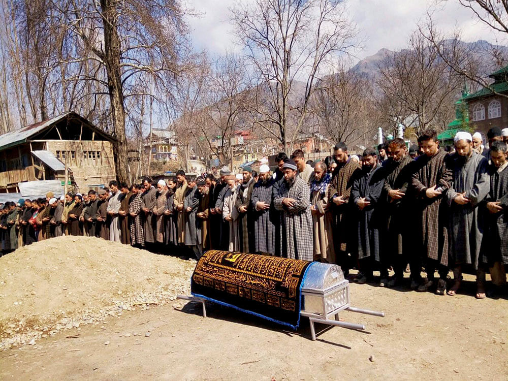 Locals said that it was one of the biggest funeral processions for a security forces personnel in the area, especially in the aftermath of the five-month unrest in the Valley in which more than 90 civilians were killed and thousands injured. PTI photo