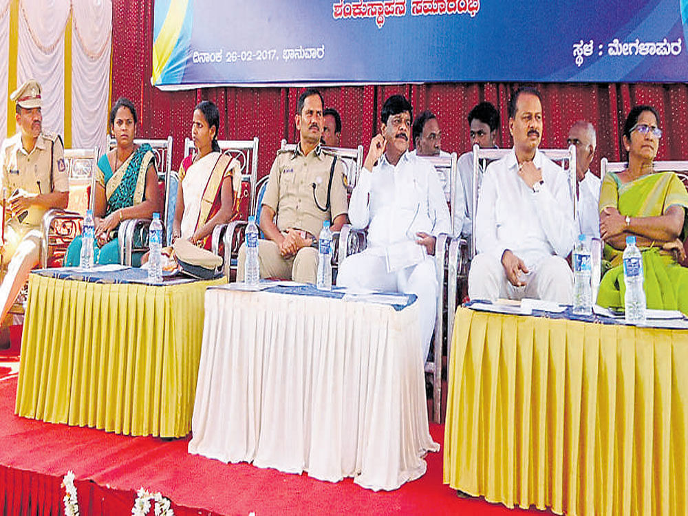 IGP Vipul Kumar, Minister Dr H&#8200;C&#8200;Mahadevappa, MP&#8200;R&#8200;Dhruvanarayan at the foundation stone laying ceremony of two police stations at Megalapur in Mysuru taluk on Sunday. DH photo