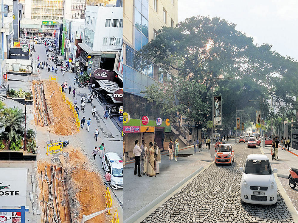 An aerial view of the ongoing TenderSure road work on Church Street. (Right) An artist's impression of the road after the work. DH photos