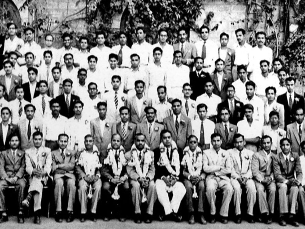 (Sitting, from left) K R Venkataramaiah (second), Prof V Ramachandran (fifth), Prof D B Narasimhaiah (10th), Prof B C Rajanna (15th), L Krishnamurthy (16th), M N Appayanna (17th), S J Bennet (18th) and M Ramesh (19th). (Standing, first row) H A  Balakrishna Rao (third) and the author (15th).