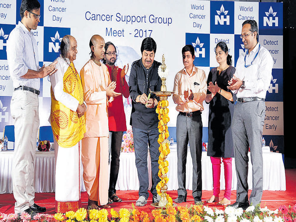 Film actor Srinath lit a lamp to inaugurate a programme to launch 'Cancer Support Group (CSG) 2017' proposed by Narayana Multispeciality Hospital at J K Ground here on Tuesday.