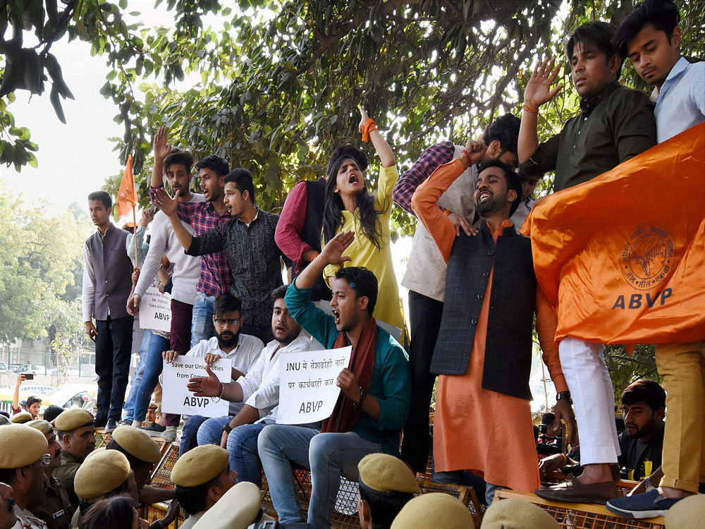 The ABVP activists later held a protest outside Delhi Police headquarters and demanded filing of chargesheet against JNU students Umar Khalid and others who were booked for sedition last year. They had allegedly raised anti-India slogans at an event organised on the campus in the memory of Parliament attack convict Afzal Guru. PTI
