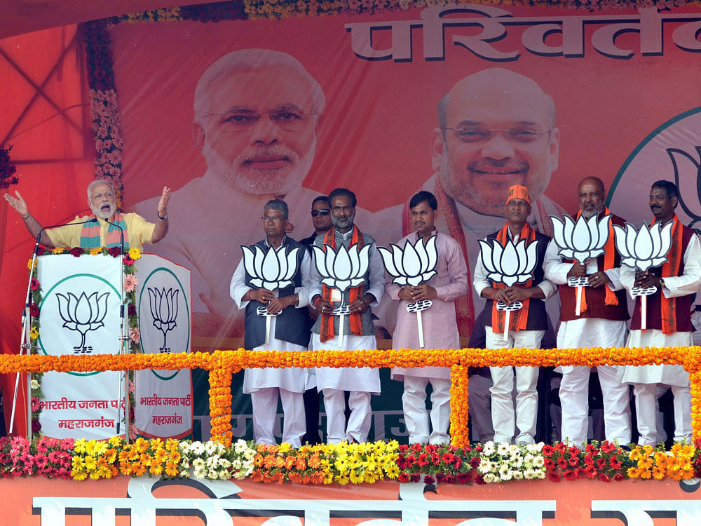 Prime Minister Narendra Modi during an election rally in Maharajganj, Uttar Pradesh, on Wednesday. PTI