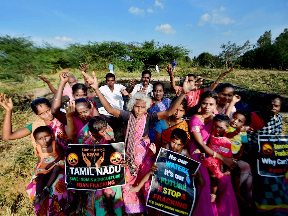 Families of the farmers protesting against the hydro-carbon project as it would cause damage to agriculture land and crops, in Neduvasal, Pudukottai district in Tamil Nadu on Thursday. PTI Photo