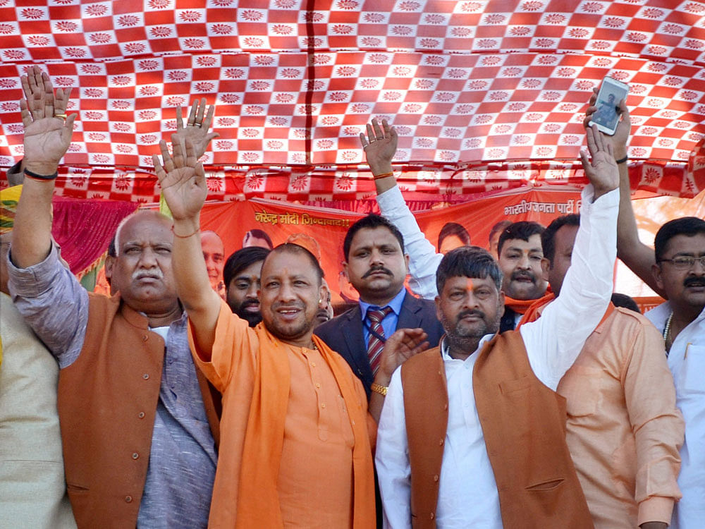 The fifth-term Lok Sabha member is the mascot of the party's Hindutva-wrapped agenda of development as the BJP makes a final push in its bid to capture power in the state in the last two phases of elections to be held in 89 seats. PTI FIle Photo