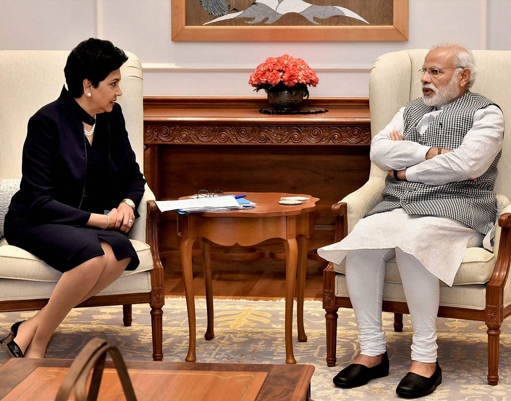 Prime Minister Narendra Modi with PepsiCo Chairperson and CEO Indra Nooyi at a meeting in New Delhi on Thursday. PTI