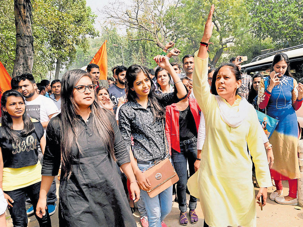 ABVP activists during a protest march demanding action against 'anti-national activities', on North Campus, Delhi University on Thursday. PTI