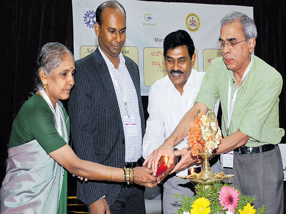 Central Food Technological Research Institute Director Ram Rajasekharan inaugurates the national conference on 'Malnutrition:&#8200;Challenges, Success Stories and Way Forward' in Mysuru on Saturday. Deputy Commissioner D&#8200;Randeep, Assistant Director of Integrated Child Development Service Scheme Anuradha and JSW&#8200;Foundation CEO C&#8200;S&#8200;Kedar are seen. DH photo