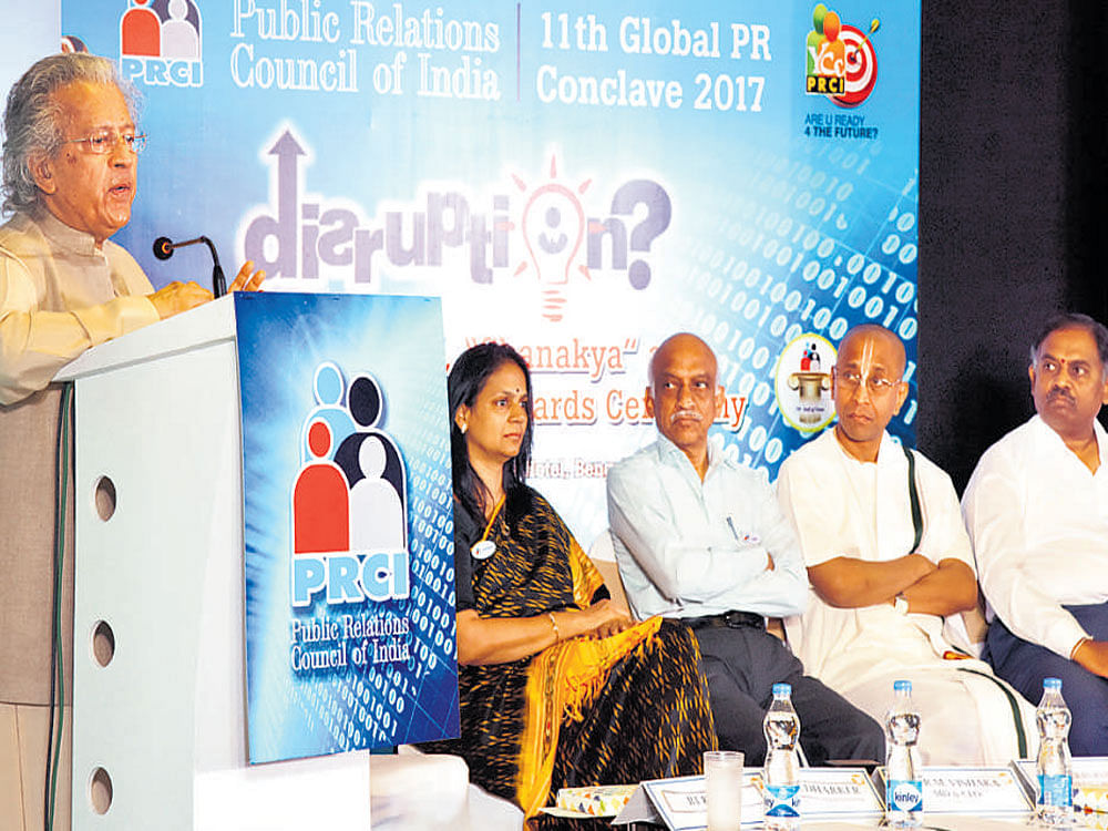 Anil Dharker, author and columnist, delivers the keynote  address at 11th Global Communication Conclave organised by Public Relations Council of India at Fortune Park JP  Celestial on Friday. R M Vishakha, MD and CEO India First Life Insurance; A S Kiran Kumar, chairman, Isro; Chanchalapathi Dasa, vice chairman, The Akshaya Patra Foundation, and Prof B K Ravi of Bangalore University are seen. DH photo