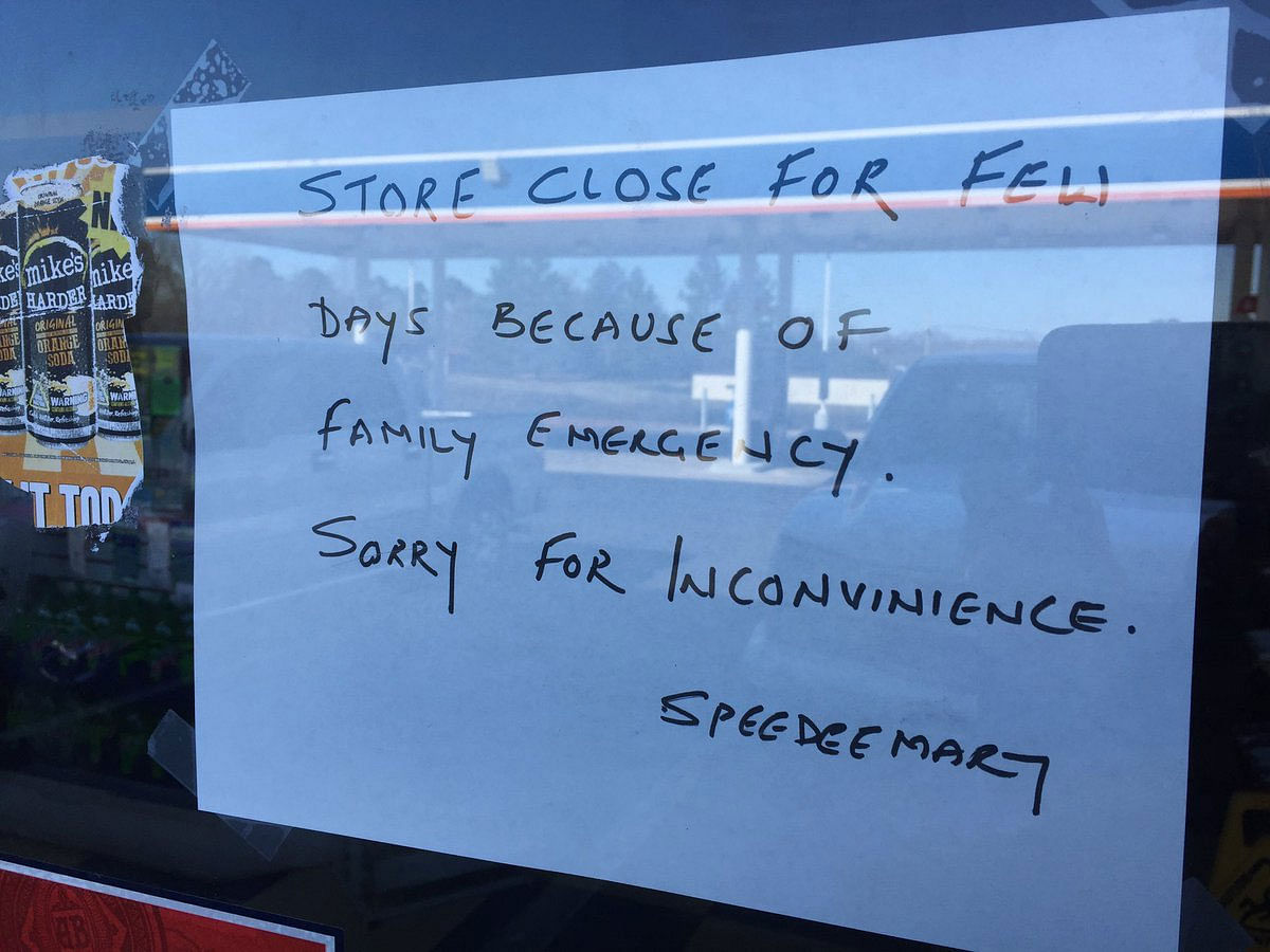 Sign on door at Harnish Patel's Lancaster store says it's closed due to family emergency. Owner was shot and killed last night. (Source: Twitter/@GSuskinWSOC9)