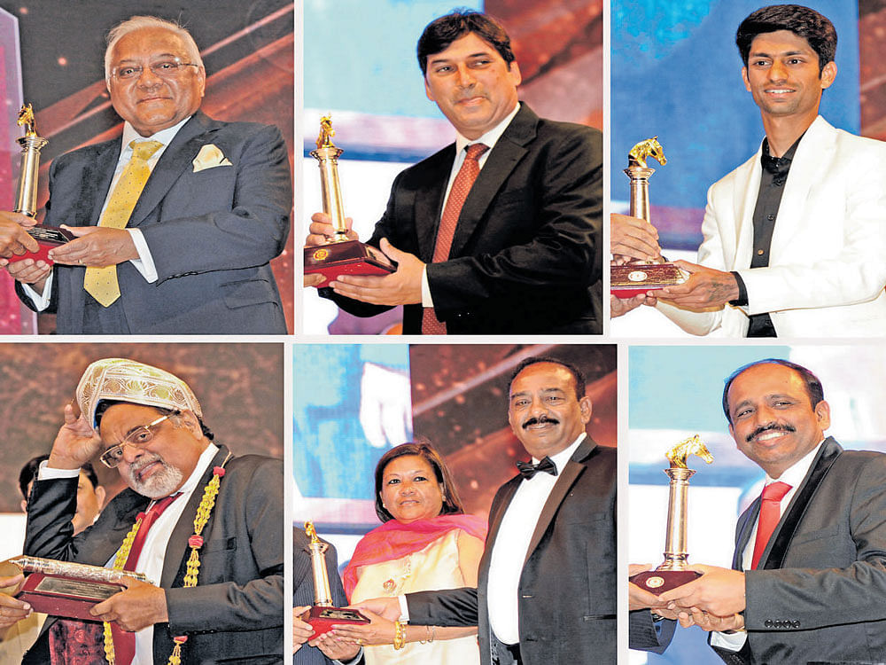 proud moment Clockwise from top left:&#8200;AC Muthiah (leading owner prize for MAM Ramaswamy Trust), Pesi Shroff (trainer), Trevor Patel (jockey), Dr Dinesh (for top stud farm), Sharmila and Padmanabhan (for champion horse), and Dr Ambareesh (Hall of Fame), who were honoured at the Indian Racing Awards in Bengaluru on Saturday. dh photo