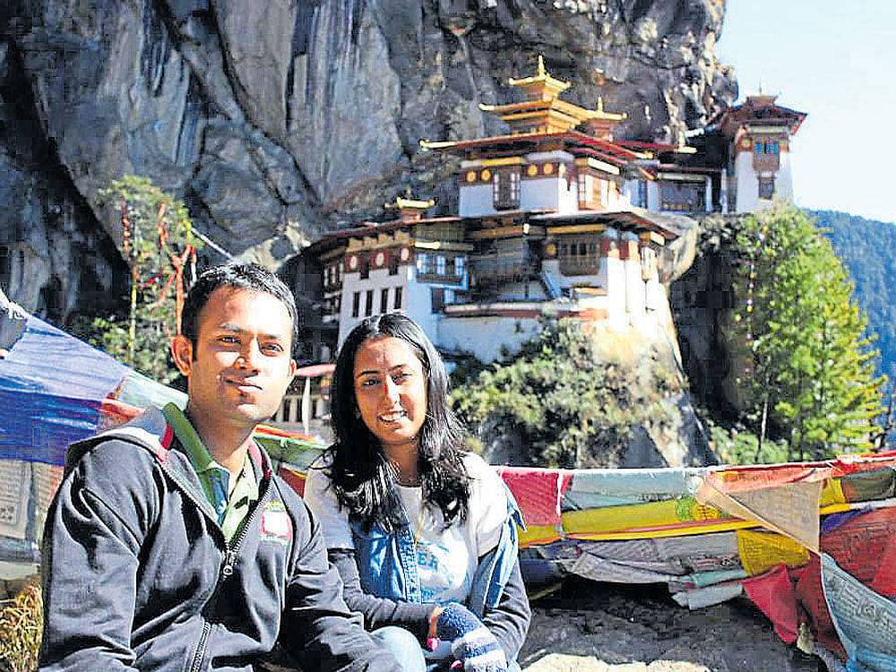 two-way ticket Sindhu MV and Sharad Hebbar during a trekking trip in Tiger's Nest Monastery, Bhutan.
