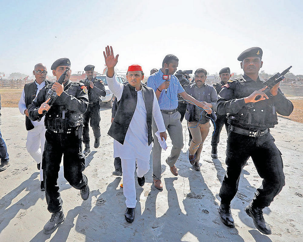 i have arrived: Uttar Pradesh Chief Minister Akhilesh Yadav arrives for a  campaign rally in Jaunpur on Monday. REUTERS
