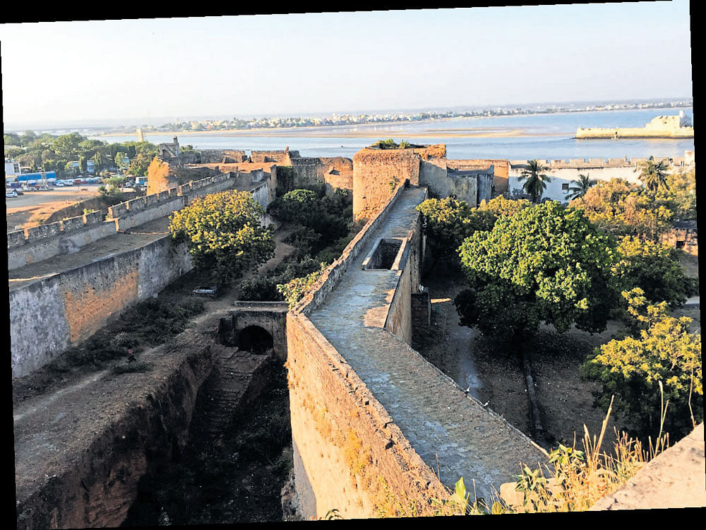 historic site Two walls and the moat at Diu Fort.