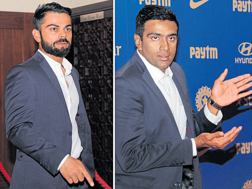 stars of the night: Virat Kohli (left) and Ravichandran Ashwin, the two main protagonists in India's rise to the top of Test rankings, at the BCCI's annual awards in Bengaluru on Wednesday. dh photo/ srikanta sharma r