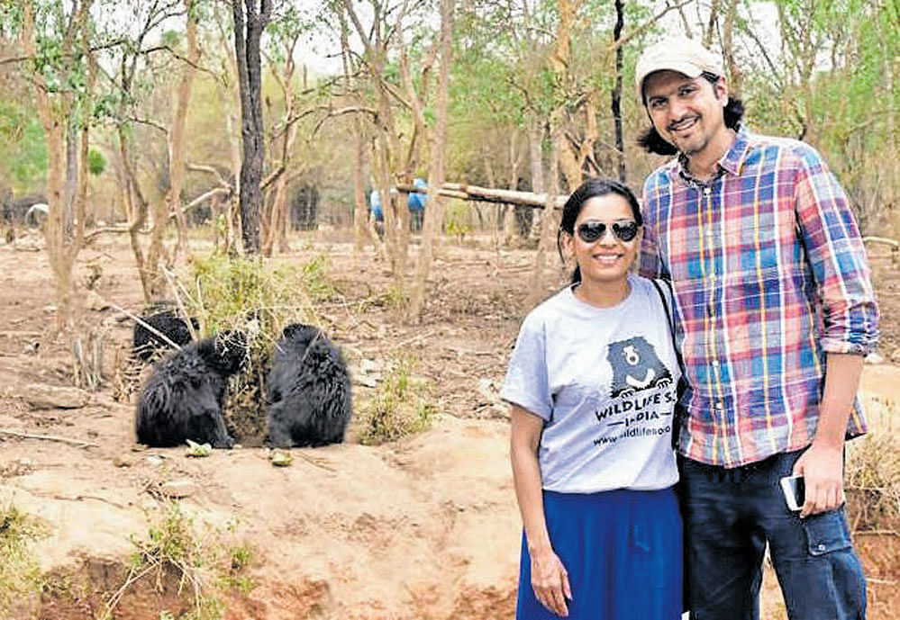 Music producer and composer Ricky Kej and his wife at the Bannerghatta bear rescue centre. dh photo