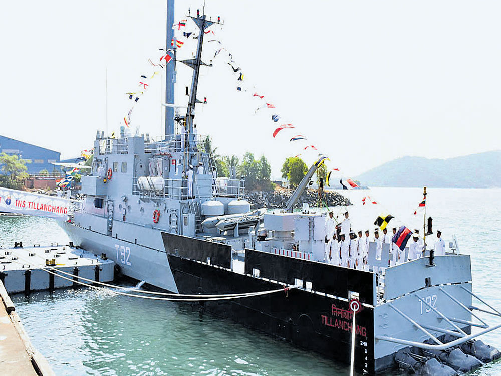 INS&#8200;Tillanchang, which was commissioned at the Seabird naval base in Karwar on Thursday. dh photo