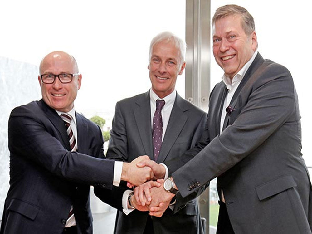 The agreement was signed by Guenter Butschek, CEO & MD of Tata Motors, Matthias Muller, CEO of Volkswagen AG, and Bernhard Maier, CEO of Skoda Auto. Image source: twitter