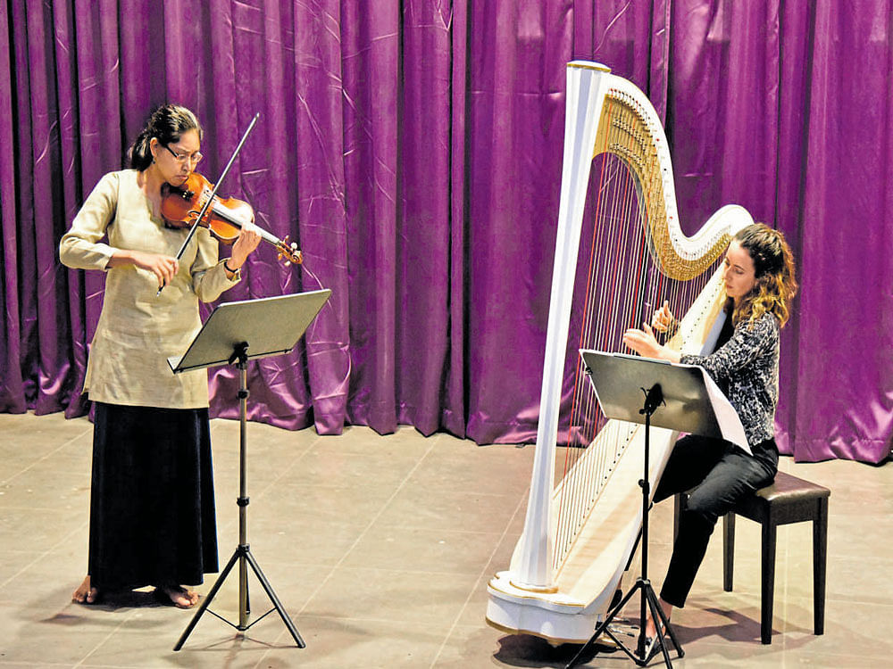 in tune Rahel Schweizer on the harp and Grace Meenakshi Biswas. (Below) Meagan Pandian.