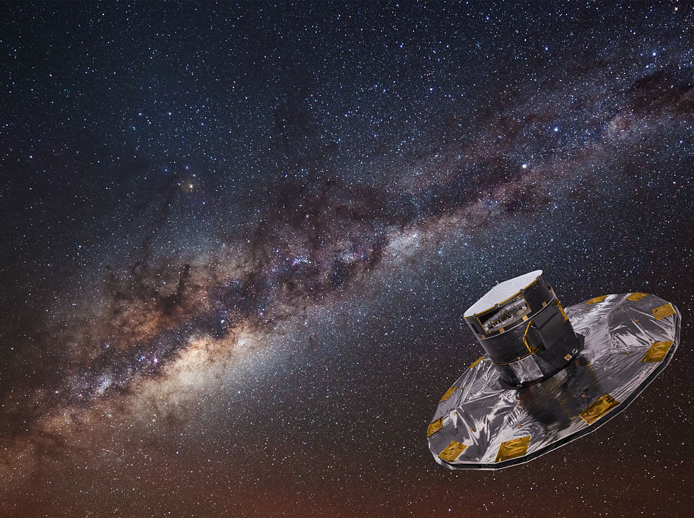 Growing size: An illustration showing the GAIA spacecraft and the Milky Way. Photo credit: ESA/ATG medialab & ESO