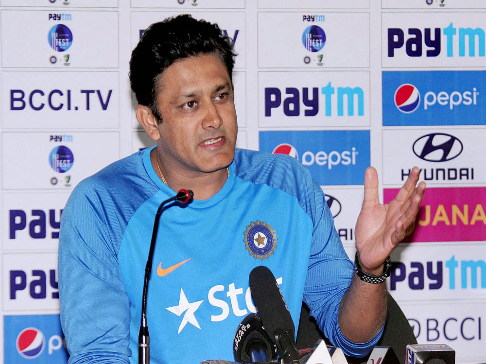 Indian team coach Anil Kumble addresses a press conference before the third test match against India at the JSCA stadium, in Ranchi on Tuesday. PTI Photo