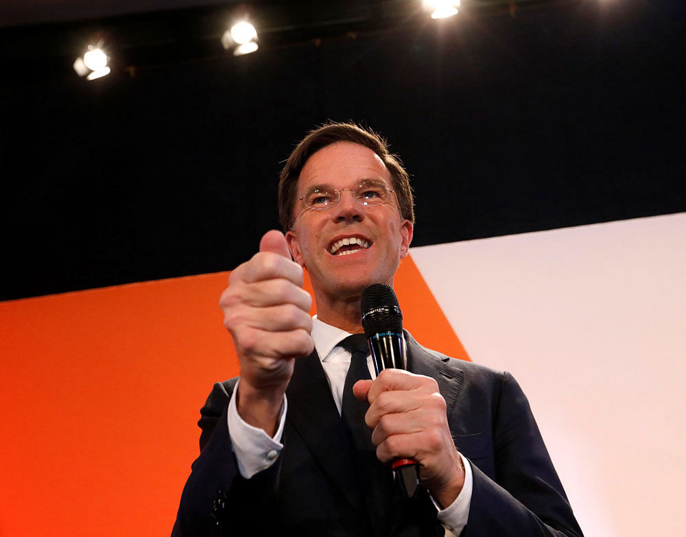 Dutch Prime Minister Mark Rutte of the VVD Liberal party appears before his supporters in The Hague, Netherlands, March 15, 2017. REUTERS