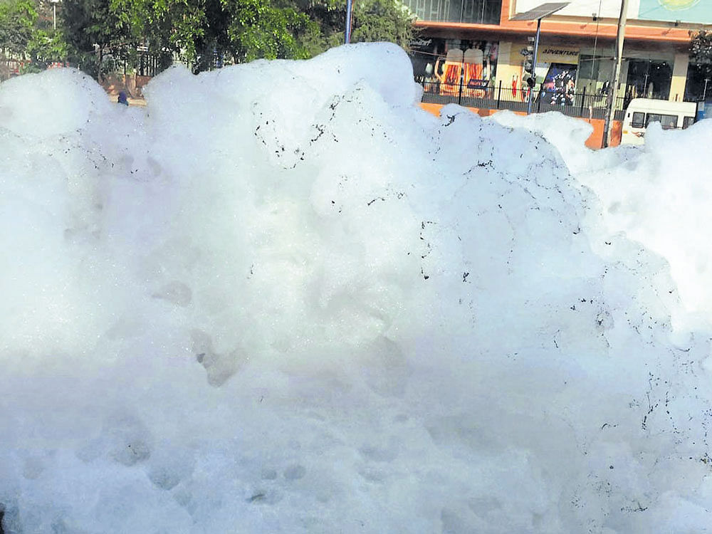 Froth from Varthur lake spilled onto the road for two hours on Friday morning, causing  traffic congestion on Whitefield Road. dh photo