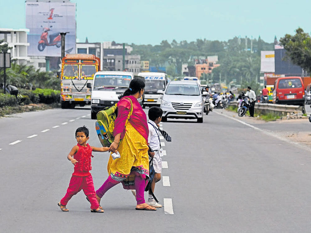 Schoolchildren, senior citizens and the disabled are forced to walk right on the motorists' path, endangering everyone's lives