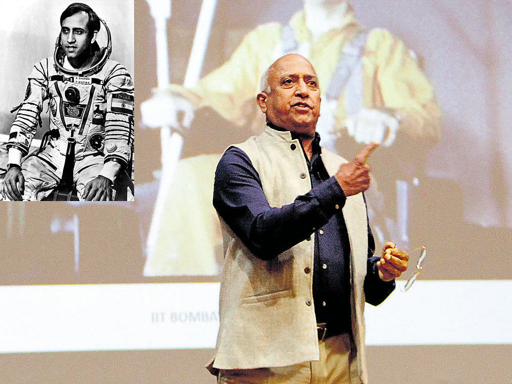 history maker: Wing Commander (rtd) Rakesh Sharma, the first Indian to touch the frontier of space in 1984, at the IIT-Bombay in 2016. (inset) An undated photo of a young Sharma. In a wounded nation, this young pilot shone as an unlikely beacon of hope. dh photo/archives