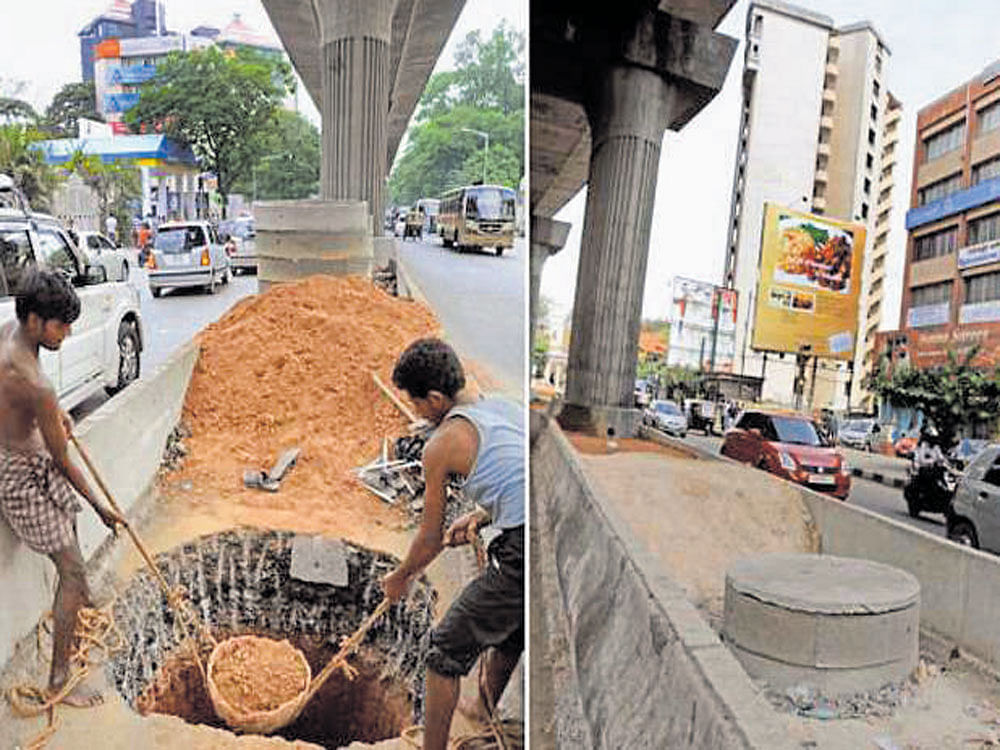 Workers dig to build a tank for rainwater harvesting  between Metro pillars. (R) The completed tank. dh file photo