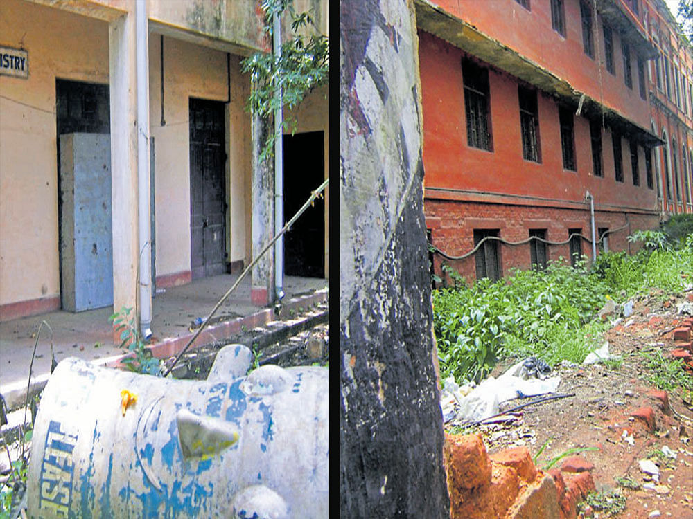 The unkempt premises of the University Visvesvaraya College of Engineering with its ageing buildings. dh photo