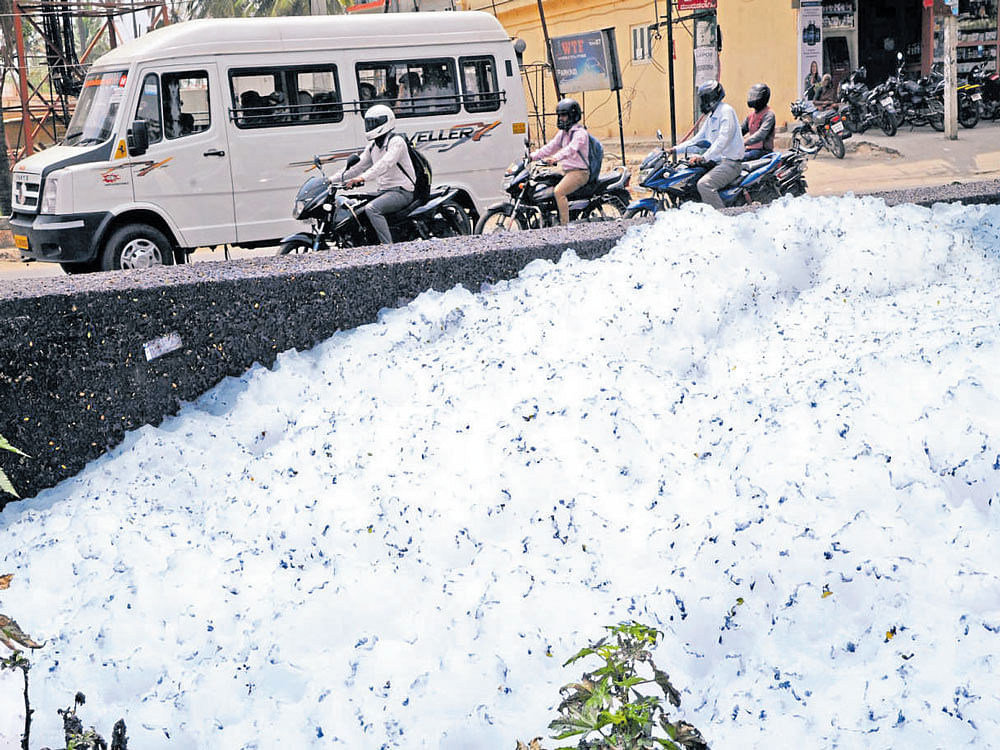 Perennial problem: Froth flies on the road near Varthur lake. Citizens said the lake used to froth once in a while, but since last year, the problem persists. dh Photo
