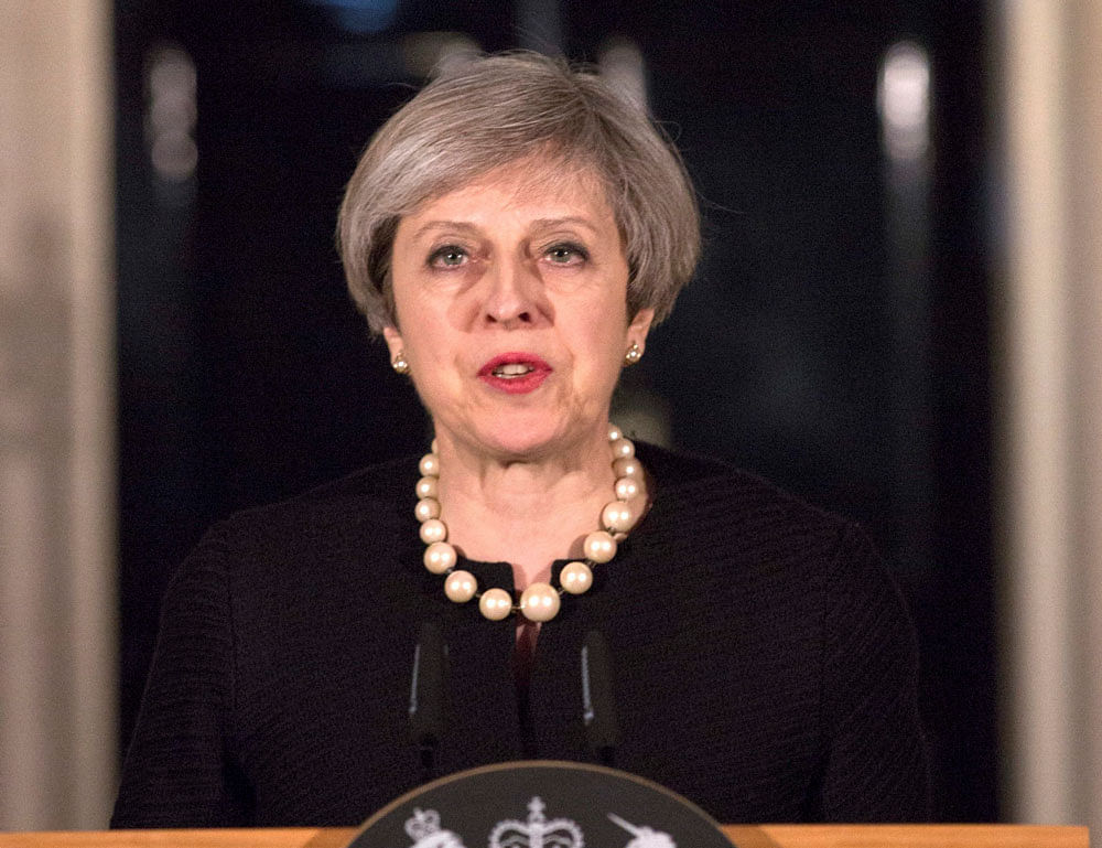 Britain's Prime Minister Theresa May speaks to the media outside 10 Downing street in London, Wednesday March 22, 2017, following a terror attack in the Westminster area of London earlier Wednesday. AP/PTI Photo