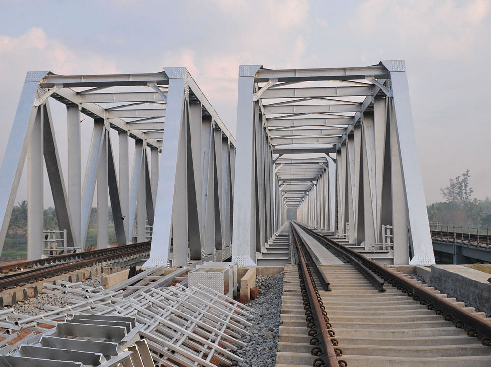 Double track and bridge construction work in progress, at Srirangapattana Railway Station, Mandya. DH File Photo