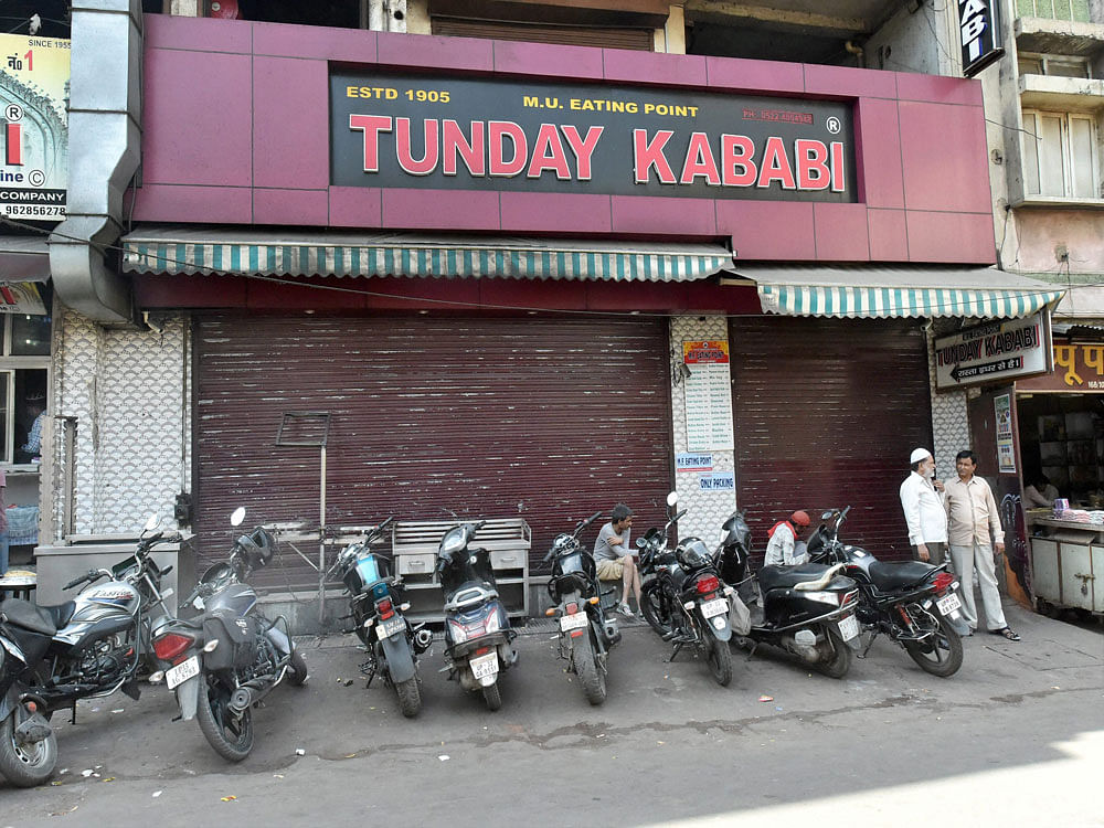 The non-veg food outlet Tunday Kababi is seen closed in Lucknow on Monday following meat sellers' strike against the government's crackdown on slaughterhouses. PTI Photo