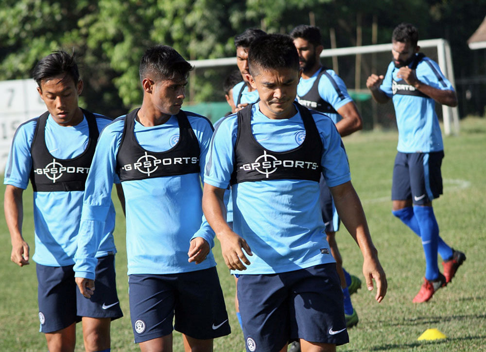 Gearing up: India captain Sunil Chhetri (right) during a practice session with team-mates in Yangon on Monday. AIFF MEDIA