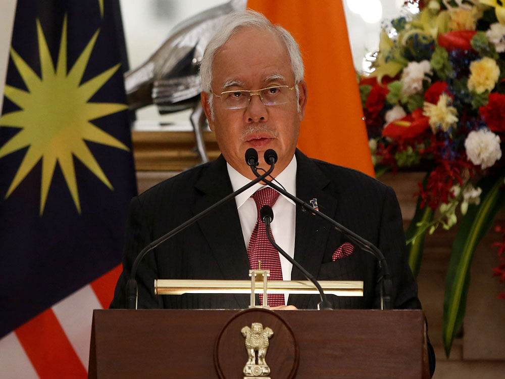 Malaysia's Prime Minister Najib Razak reads a joint statement with his Indian counterpart Narendra Modi (unseen) at Hyderabad House in New Delhi, India, April 1, 2017. Reuters Photo