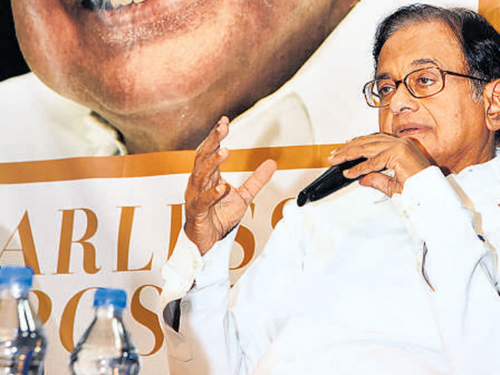 Former Union minister  P Chidambaram, speaks at the launch of his book in the city on Saturday. dh photo