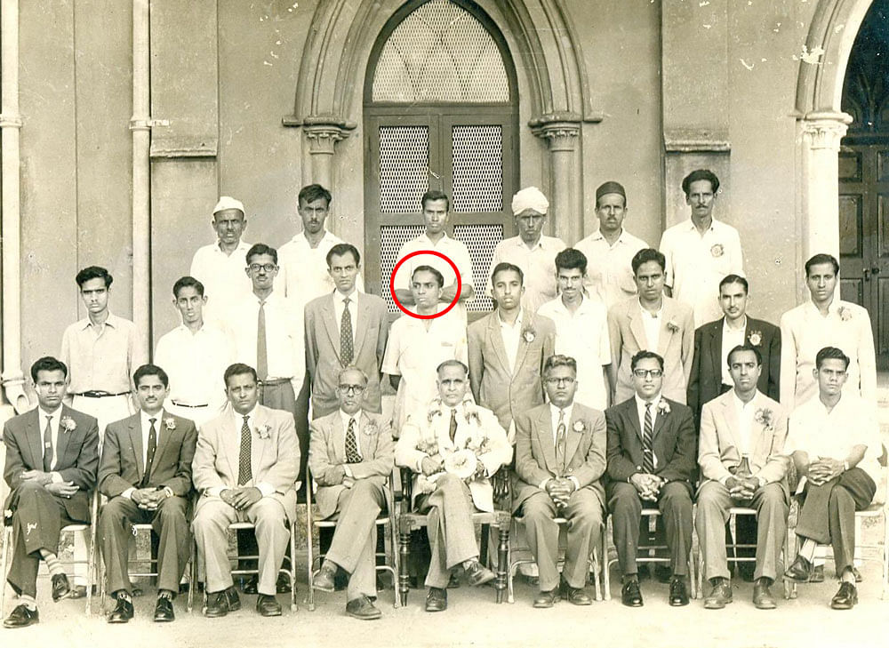 (Sitting, from left) Gubbaiah (second), A Mohammed Khan, M S Suryanaryana S, Prof M R Srinivas Rao, D Rangaiah, B L Srinivas, G Venkatesh and M Ramachandra. (Second row, from left) Raghavendra S R, S Rangaraj, C S Harindranath, K V Seshadri, the author, A K Narayana Murthy, Muniyappa (eighth), Khan and K V Navaneetham. (Third row, from left) Hanumappa, Narasimha, Krishnamurthy, Thimmaiah and Hanumappa (sixth).