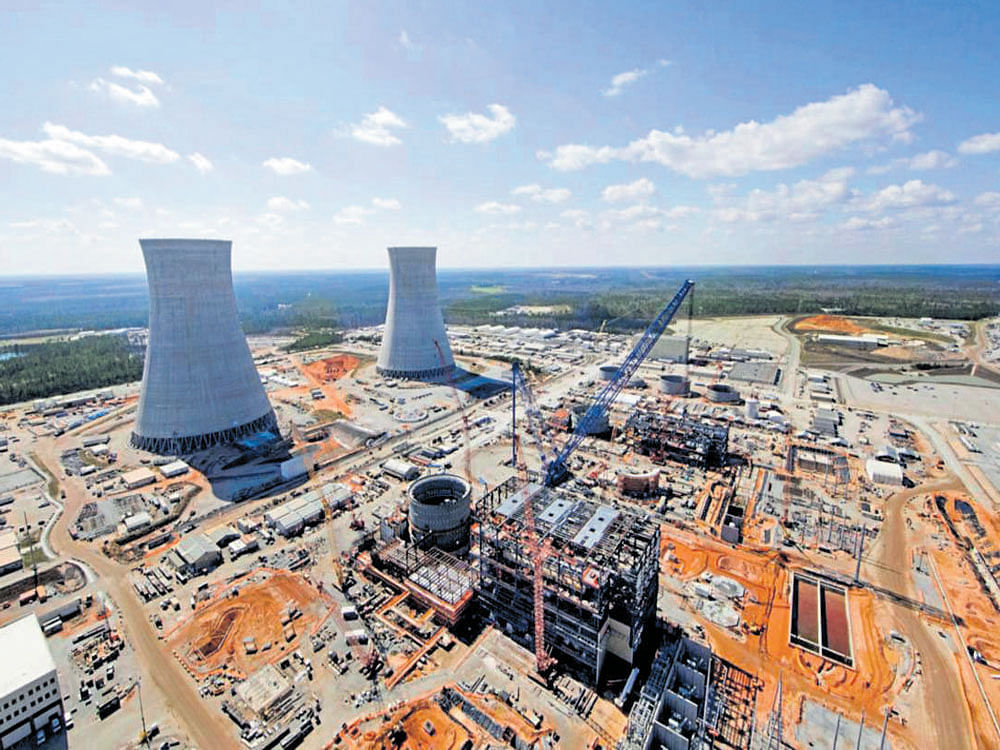 unfinished business: The Voglte Unit 3 nuclear island and turbine building during their construction by Westinghouse in Georgia. It is unclear whether the company will be able to complete any of its projects, which in the US are three years late and billions over budget. REUTERS