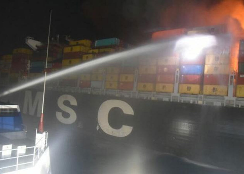The fire broke out last night on the merchant ship MV MSC-Daniela, when the 14,000-container carrier was about 120 nautical miles away from Sri Lanka. Image courtesy: ANI
