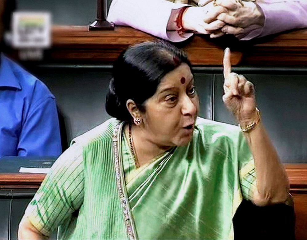 External Affairs Minister Sushma Swaraj speaks in the Lok Sabha in New Delhi on Wednesday. PTI Photo / TV GRAB