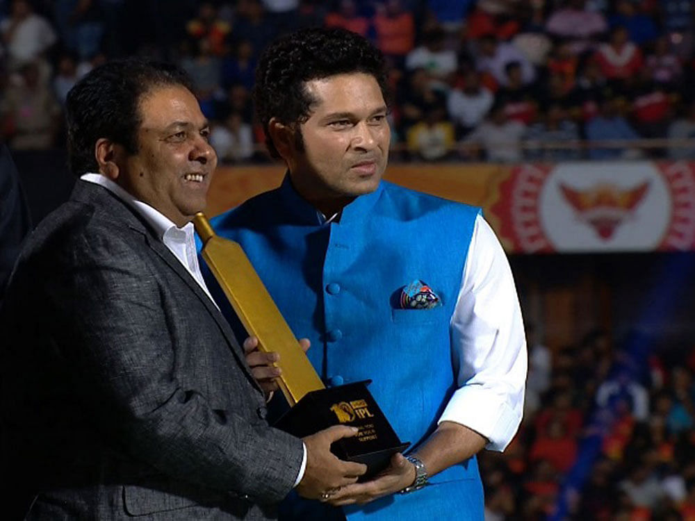 Tendulkar and three other Indian cricket icons -- Sourav Ganguly, Virender Sehwag and V V S Laxman -- were felicitated by the BCCI for their contribution to the game. Image courtesy Twitter