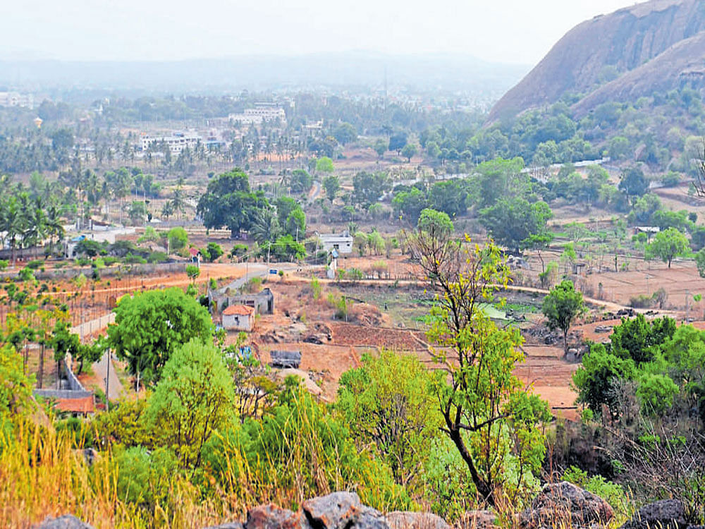 An aerial view from Ramadevarabetta in Ramanagaram, where the iconic film Sholay's village Ramgad was picturised. A Rs 7.5-crore proposal is on the anvil to establish 'Sholay-the-3D Virtual Reality Village' at Ramadevarabetta for cine lovers. pti