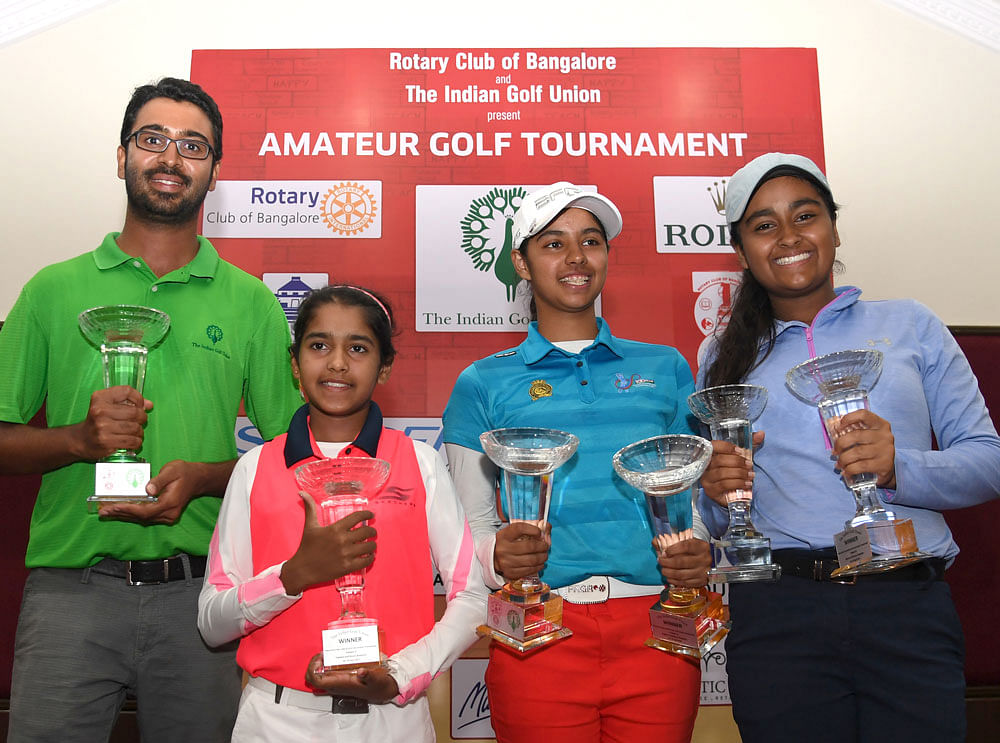 CHAMPIONS: Winners of the Karnataka State Amateur golf championships at the Eagleton Golf Resort on Friday. From left: Yashas Chandra (Men), Rishika M (Girls 'C'), Sifat Sagoo (Ladies and Girls 'A' ), Anika Varma (Girls 'B'). DH PHOTO