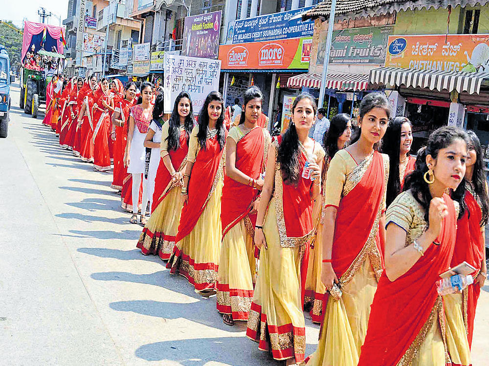 People from the Jain community take out a procession during the celebration of Bhagawan Sri Mahavir Jayanti organised by the district administration and Jain Sangha in Chikkamagaluru on Sunday. DH photo