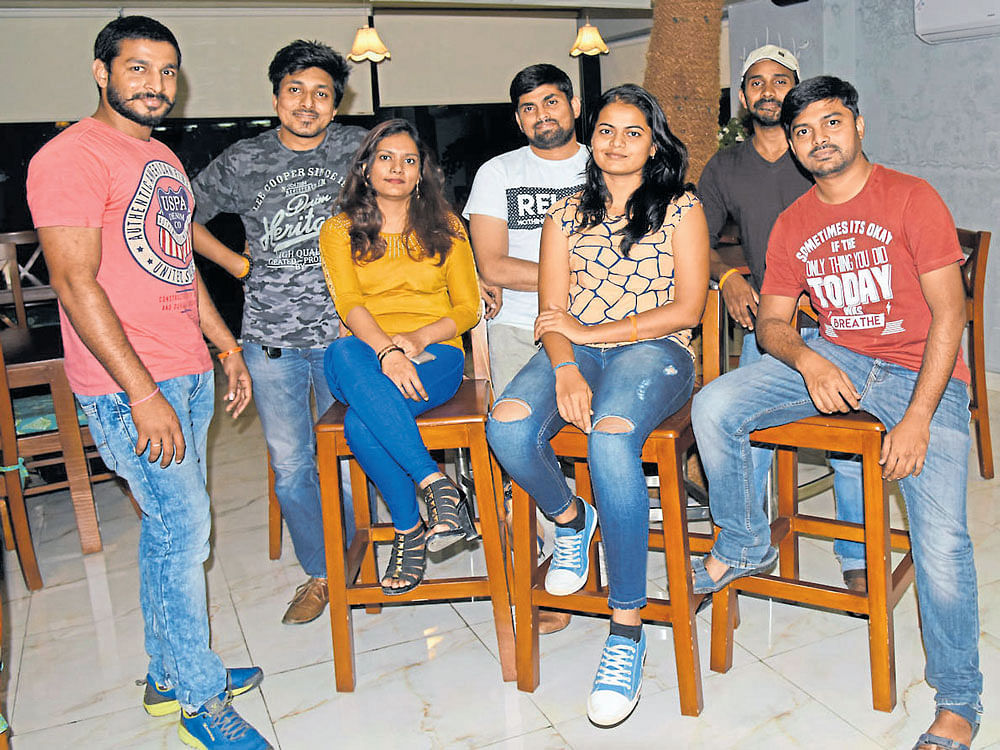 cool bunch (Back row, from left) Naveen, Sudarshan and Senthil. (In front) Sai Krishna (in pink), Mayuri, Mounika and Irfan. DH&#8200;PHOTO&#8200;BY&#8200;B&#8200;H&#8200;SHIVAKUMAR